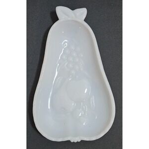 Vintage 1950's HAZEL ATLAS Pear Shaped Dish White MILK GLASS w/‎ Fruit Designs